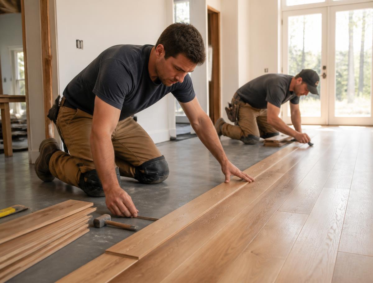 Juniper Ridge installers laying hardwood planks on a job site