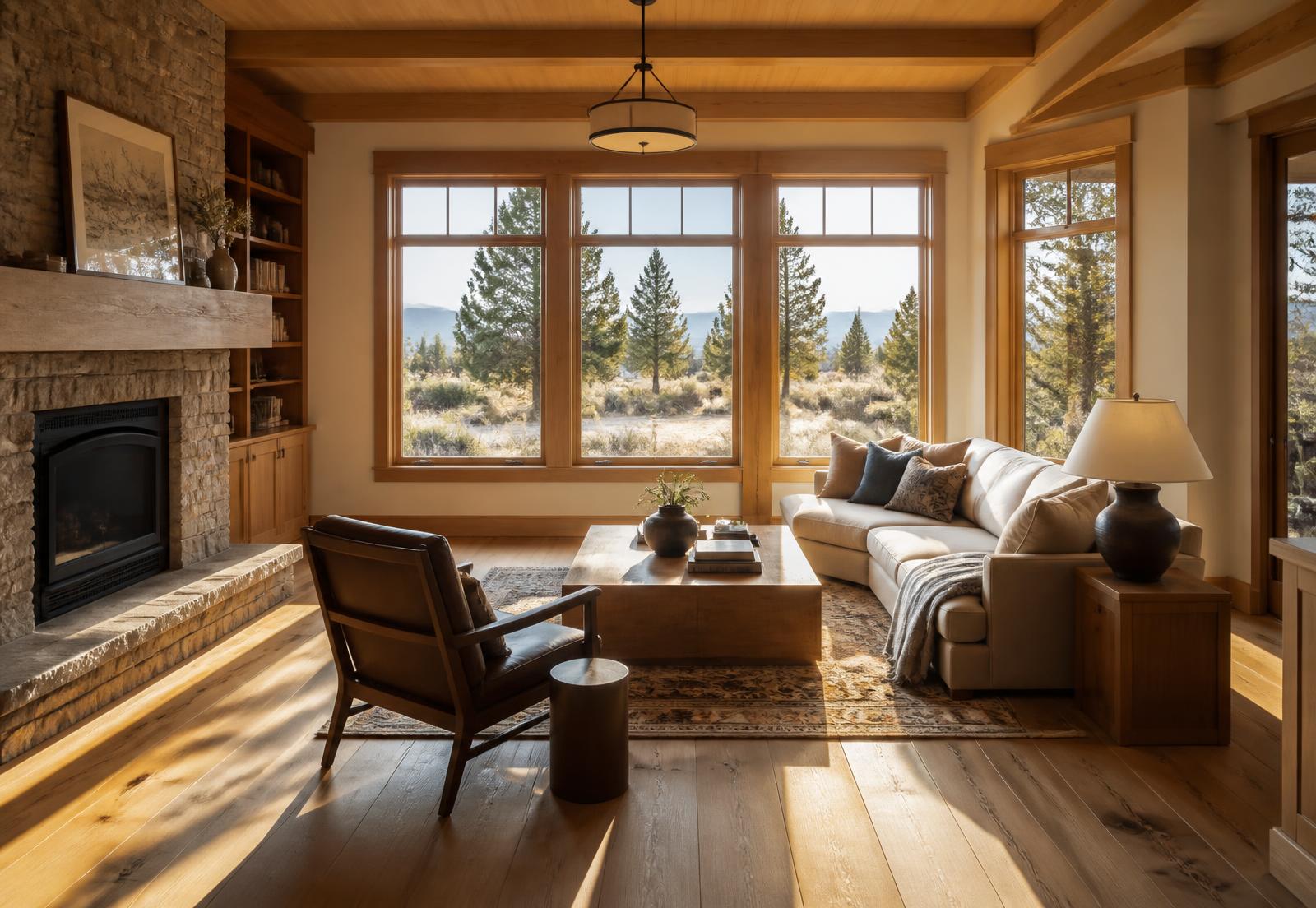 Wide-plank white oak floor in a sunlit Central Oregon living room